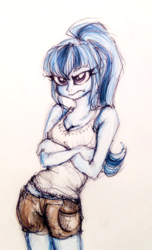 Size: 719x1183 | Tagged: safe, artist:buttersprinkle, sonata dusk, equestria girls, g4, angry, clothes, female, grumpy, shorts, solo, tank top, traditional art