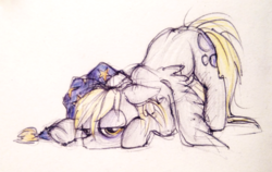 Size: 1110x700 | Tagged: safe, artist:buttersprinkle, derpy hooves, pegasus, pony, g4, clothes, female, grumpy, hat, mare, solo, tired, traditional art
