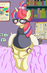Size: 1351x2100 | Tagged: safe, artist:seenty, moondancer, pony, unicorn, g4, belly, blushing, both cutie marks, clothes, cute, dancerbetes, female, glasses, jumper, mare, pillow, pregdancer, pregnant, solo, sweater