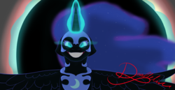 Size: 7000x3613 | Tagged: safe, artist:doodleline, nightmare moon, g4, bust, eclipse, evil grin, female, glowing eyes, glowing horn, horn, portrait, solo, spread wings