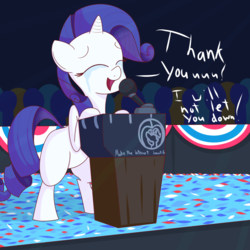 Size: 1280x1280 | Tagged: safe, artist:mr-degration, rarity, pony, g4, bipedal, bipedal leaning, confetti, crying, dialogue, election, eyes closed, microphone, president, presidential election, tears of joy, text
