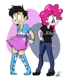 Size: 2681x3000 | Tagged: safe, artist:befishproductions, pinkie pie, equestria girls, g4, clothes swap, crossdressing, dan, dan vs, high res, signature, simple background, transparent background