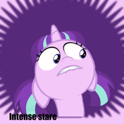 Size: 1024x1024 | Tagged: safe, starlight glimmer, derpibooru, g4, the crystalling, female, intense stare, meta, out of context, solo, spoilered image joke, younger
