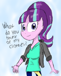 Size: 1231x1521 | Tagged: safe, artist:mildockart, starlight glimmer, equestria girls, g4, clothes, cute, dialogue, equestria girls-ified, female, glimmerbetes, hoodie, looking at you, question, skinny jeans, solo