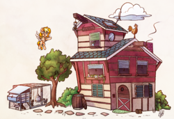 Size: 1335x915 | Tagged: safe, artist:spacechickennerd, oc, oc only, oc:chickpea, barrel, chicken coop, cloud, flying, house, monochrome, solo, tree