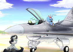 Size: 1024x735 | Tagged: safe, artist:f-nar, lyra heartstrings, octavia melody, rainbow dash, g4, cute, f-16 fighting falcon, facehoof, heart, jet fighter, octavia is not amused, plane, text, unamused