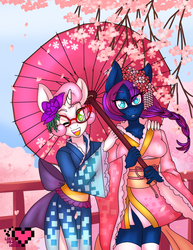 Size: 2975x3850 | Tagged: safe, artist:ladypixelheart, oc, oc only, oc:pixelheart, oc:silohuette, anthro, braid, breasts, clothes, female, high res, kimono (clothing), petals, umbrella