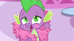 Size: 1280x716 | Tagged: safe, screencap, spike, dragon, g4, inspiration manifestation, my little pony: friendship is magic, blushing, feather boa, male, solo