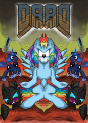 Size: 993x1386 | Tagged: safe, artist:flutterthrash, edit, princess luna, rainbow dash, changeling, do princesses dream of magic sheep, g4, daad, dood, doom, gun, hssh, mirrored, moom, parody, parody of a parody, shotgun, unitinu, wat, weapon