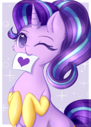 Size: 1280x1787 | Tagged: safe, artist:fluffymaiden, starlight glimmer, pony, unicorn, g4, bronybait, clothes, cute, female, glimmerbetes, heart, heart eyes, looking at you, mare, moe, mouth hold, one eye closed, socks, solo, weapons-grade cute, wingding eyes, wink
