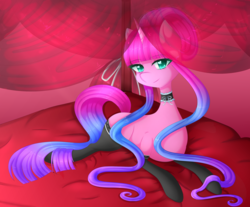 Size: 1280x1059 | Tagged: safe, artist:fluffymaiden, oc, oc only, oc:sugar lace, pony, unicorn, bed, blank flank, choker, clothes, female, heart, heart eyes, looking at you, mare, on bed, prone, socks, solo, stockings, thigh highs, wingding eyes