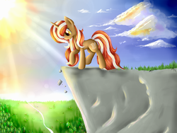 Size: 2000x1500 | Tagged: safe, artist:mufflinka, oc, oc only, pony, unicorn, cliff, day, horn, solo, sun, unicorn oc