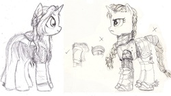 Size: 1447x808 | Tagged: safe, artist:wisdom-thumbs, oc, oc only, oc:tilter gallant, pony, unicorn, armor, clothes, dress, fantasy class, female, knight, mare, monochrome, pencil drawing, sketch, swordpony, traditional art, warrior