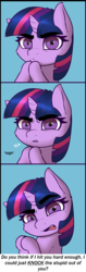 Size: 1800x5700 | Tagged: dead source, safe, artist:captainpudgemuffin, twilight sparkle, pony, unicorn, g4, comic, dialogue, eyebrows, female, looking at you, mare, offscreen character, open mouth, solo, twilight sparkle is not amused