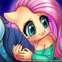 Size: 500x500 | Tagged: safe, artist:racoonsan, fluttershy, oc, oc:anon, anthro, g4, anon pony, blushing, breasts, busty fluttershy, clothes, female, hug, off shoulder, offscreen character, patreon, shoulderless, smiling