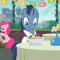 Size: 500x502 | Tagged: safe, screencap, pinkie pie, waxton, g4, the gift of the maud pie, animated, background pony, crayon, female, food, frown, male, sad, soup, wide eyes