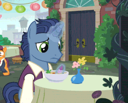 Size: 500x401 | Tagged: safe, screencap, pinkie pie, port wine, waxton, g4, the gift of the maud pie, animated, background pony, clothes, crayon, female, food, frown, levitation, magic, male, sad, solo focus, soup, telekinesis