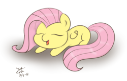 Size: 1093x700 | Tagged: safe, artist:noxdrachen, fluttershy, g4, chibi, cute, daaaaaaaaaaaw, eyes closed, female, missing cutie mark, prone, shyabetes, solo, weapons-grade cute