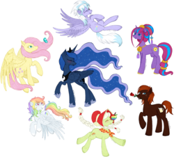 Size: 1024x927 | Tagged: safe, artist:tinuleaf, cloudchaser, fluttershy, granny smith, princess luna, oc, oc:black velvet, oc:bonne fortune, oc:white whirl, butterfly, g4, apple, blushing, eyes closed, flower, food, offspring, parent:rainbow dash, parent:soarin', parents:soarindash, rose, young granny smith, zap apple