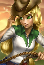 Size: 800x1200 | Tagged: safe, artist:imdrunkontea, applejack, equestria girls, g4, clothes, cowboy hat, denim skirt, featured image, female, freckles, hat, hat tip, no pupils, rope, sexy, signature, skirt, smiling, solo, starry sky, stars, stetson, sunset