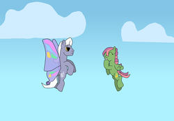 Size: 1500x1041 | Tagged: safe, artist:taijitu, banana bliss, royal riff, g4, blind bag pony, cloud, cute, glimmer wings, riffbliss, shipping fuel