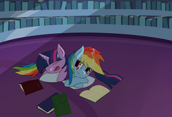 Size: 3860x2625 | Tagged: safe, artist:zogzor, rainbow dash, twilight sparkle, g4, book, cuddling, female, high res, lesbian, ship:twidash, shipping, sleeping, snuggling