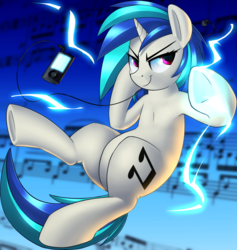 Size: 1374x1448 | Tagged: safe, artist:january3rd, dj pon-3, vinyl scratch, g4, electricity, female, headphones, listening, music, music player, solo, wub
