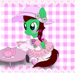 Size: 3200x3100 | Tagged: safe, artist:avchonline, oc, oc only, oc:northern haste, clothes, crossdressing, cute, dress, flower, food, hat, high res, puffy sleeves, request, ribbon, shoes, sissy, tea, tea party, teacup, teapot, tutu