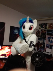 Size: 3120x4160 | Tagged: safe, artist:atalonthedeer, dj pon-3, vinyl scratch, human, g4, fursuit, irl, irl human, photo