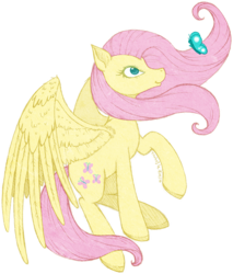 Size: 680x800 | Tagged: safe, artist:tinuleaf, fluttershy, butterfly, g4, female, looking at something, looking up, raised hoof, simple background, sitting, solo, spread wings, transparent background