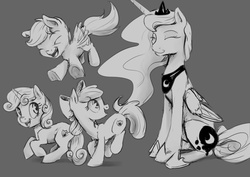 Size: 1280x905 | Tagged: safe, artist:silfoe, apple bloom, princess luna, scootaloo, sweetie belle, alicorn, earth pony, pegasus, pony, unicorn, royal sketchbook, g4, apple bloom's bow, bow, crown, cutie mark, cutie mark crusaders, eyes closed, female, filly, flapping, flapping wings, foal, folded wings, gray background, grayscale, hair bow, happy, jewelry, mare, monochrome, open mouth, regalia, scootaloo can fly, simple background, sitting, smiling, spread wings, the cmc's cutie marks, underhoof, wings