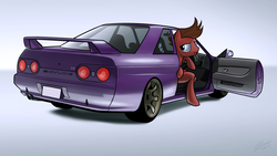 Size: 1920x1080 | Tagged: safe, artist:dori-to, oc, oc only, oc:mach, pegasus, pony, anatomically incorrect, car, commission, incorrect leg anatomy, nissan, nissan skyline, skyline r32