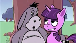 Size: 1366x768 | Tagged: safe, twilight sparkle, g4, :o, adjustment burro, bedroom eyes, eeyore, grass, mad (tv series), mad magazine, out of context, rapeface, tree