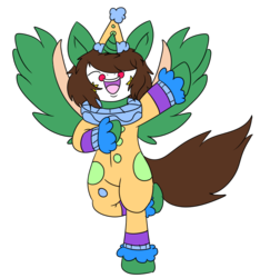 Size: 712x760 | Tagged: safe, artist:fairyfilly, oc, oc only, oc:frost d. tart, alicorn, pony, alicorn oc, bipedal, clown, clown makeup, eyes closed, male, smiling, solo, stallion