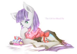 Size: 1000x708 | Tagged: safe, artist:nabebuta, maud pie, earth pony, pony, g4, the gift of the maud pie, female, mare, present, prone, simple background, solo, white background