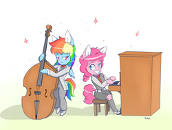 Size: 2100x1600 | Tagged: safe, artist:0ndshok, pinkie pie, rainbow dash, anthro, unguligrade anthro, g4, double bass, jazz, musical instrument, piano