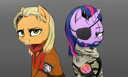 Size: 1660x1000 | Tagged: safe, artist:supermare, applejack, twilight sparkle, earth pony, pony, unicorn, g4, beard, camouflage, clothes, crossover, duo, eyepatch, facial hair, freckles, frown, gray background, gritted teeth, heart, lidded eyes, metal gear, metal gear solid 5, moustache, revolver ocelot, scar, scarf, simple background, stitches, venom snake