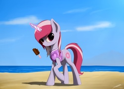 Size: 1057x755 | Tagged: safe, artist:avastin4, oc, oc only, pony, unicorn, beach, female, food, ice cream, magic