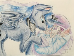 Size: 2858x2163 | Tagged: safe, artist:xxpawsxx, princess flurry heart, princess luna, pony, g4, the crystalling, auntie luna, baby, baby blanket, baby pony, bed, chest fluff, ear fluff, fluffy, high res, sleeping, traditional art