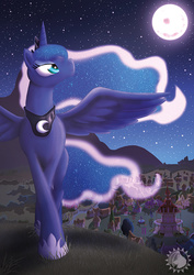 Size: 707x1000 | Tagged: safe, artist:cheetagonzita, princess luna, g4, female, looking up, moon, night, ponyville, solo, spread wings, stars