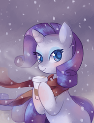 Size: 718x941 | Tagged: dead source, safe, artist:psiaus, rarity, pony, unicorn, g4, clothes, coffee, colored pupils, cup, cute, female, food, raribetes, scarf, snow, snowfall, solo, starry eyes, wingding eyes, winter