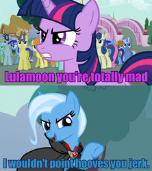 Size: 520x585 | Tagged: safe, screencap, bon bon, carrot top, comet tail, golden harvest, lyra heartstrings, minuette, neon lights, rising star, sweetie drops, trixie, twilight sparkle, pony, unicorn, g4, blue text, caption, female, hank scorpio, image macro, james bond, male, mare, meme, purple text, the simpsons