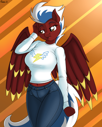Size: 3200x4000 | Tagged: safe, artist:ziemniax, oc, oc only, oc:thunderstreak, pegasus, anthro, anthro oc, belly button, big breasts, breasts, clothes, female, jeans, midriff, pants, shirt, short shirt, solo, wonderbolts logo