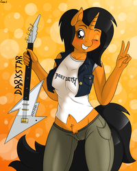 Size: 3200x4000 | Tagged: safe, artist:ziemniax, oc, oc only, oc:darkstar, unicorn, anthro, anthro oc, blushing, clothes, guitar, musical instrument, peace sign, pubic fluff, shirt, smiling, solo, vest, wink