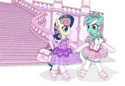 Size: 580x398 | Tagged: safe, artist:avchonline, bon bon, lyra heartstrings, sweetie drops, earth pony, pony, g4, bipedal, canterlot royal ballet academy, clothes, dress, duo, female, frilly, heart, lesbian, pink, puffy sleeves, purse, ship:lyrabon, shipping, stairs, tiara, tutu, walking