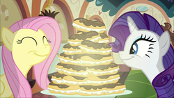 Size: 1920x1080 | Tagged: safe, screencap, fluttershy, rarity, pony, g4, mmmystery on the friendship express, eclair, food, rarity looking at food