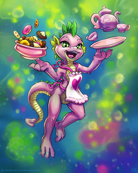 Size: 1200x1500 | Tagged: safe, artist:kp-shadowsquirrel, spike, dragon, g4, armpits, barb, bread, dessert, donut, female, food, open mouth, rule 63, solo, tea, wingless spike