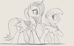 Size: 1280x794 | Tagged: safe, artist:ncmares, coco pommel, sassy saddles, g4, monochrome, sketch, wip