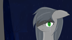 Size: 1920x1080 | Tagged: safe, artist:eclipsepenumbra, oc, oc only, oc:eclipse penumbra, bat pony, pony, crying, dark, green eyes, night, rain, sad, streetlight