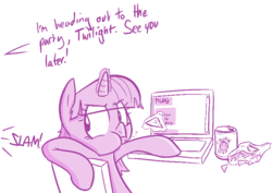 Size: 807x571 | Tagged: safe, artist:shoutingisfun, twilight sparkle, g4, 4chan, chips, computer, female, food, friday night, glowing horn, horn, laptop computer, magic, mlpg, monochrome, offscreen character, solo, telekinesis